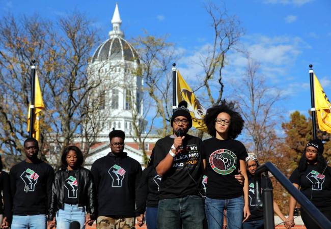 Jonathan Butler who held a hunger strike to protest racial tensions at University of Missouri addressing students Nov. 9 following the announcement that the university president would step down