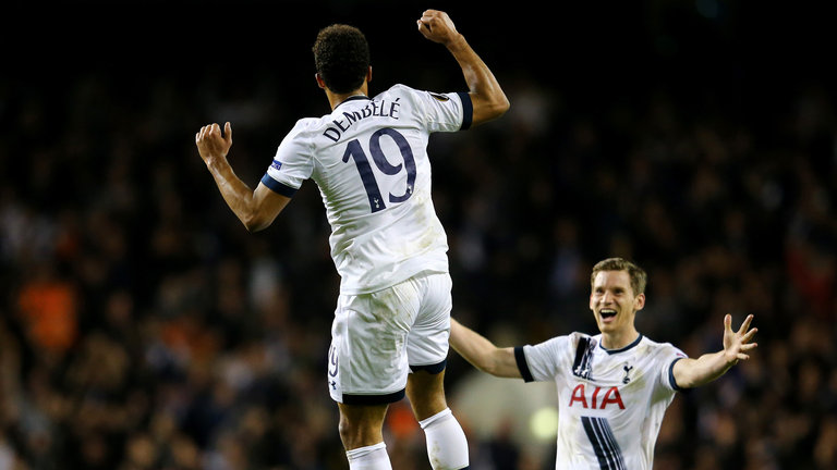 Mousa Dembele of Spurs celebrates with team-mate Jan Vertonghen