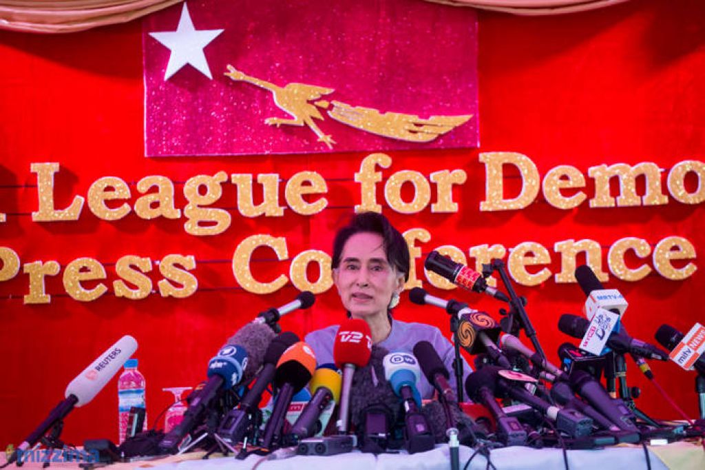 National League for Democracy party leader Daw Aung San Suu Kyi speaks to local and foreign media during a press conference for the upcoming general elections at her residence in Yangon Myanmar 5 November 2015