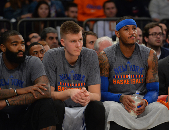 Kristaps Porzingis #6 and Carmelo Anthony #7 of the New York Knick