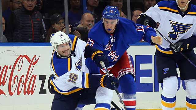 Troy Brouwer #36 of the St. Louis Blues skates against the New York Rangers at Madison Square Garden