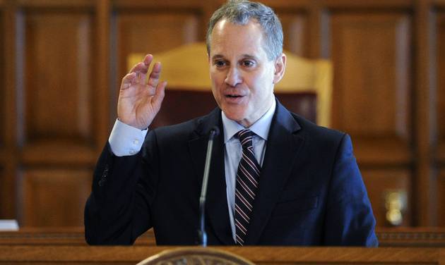 New York State Attorney Eric Schneiderman speaks during a Law Day event at the Court of Appeals in Albany N.Y. Calling the activity illegal gambling Schneiderman ordered fantasy sports industry giants Draf