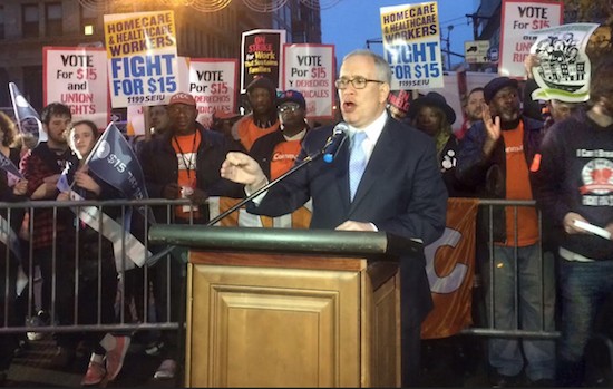 Fast-food workers who recently won a $15 hourly wage in New York state led a march and rally on Court Street in Downtown Brooklyn at the crack of dawn on Tuesday to demand $15 and the right to unionize for all working people. Shown NYC Comptroller Scot