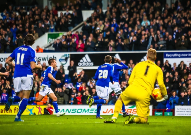 Ainsley Maitland Niles celebrates after his opener during the Ipswich Town v Bolton Wanderers match at Portman Road Ipswich on 03 November 2015