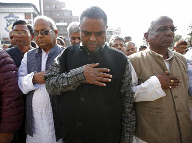 Nepal's Deputy Prime Minister and Democratic Chairman of the Madhesi Rights Forum Bijay Kumar Gachhadar, along with senior Madhesi leaders observe minutes of silence in the memory of people killed in the Madhesh protests in Kathmandu Nepal November