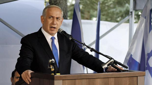 Israel's Prime Minister Benjamin Netanyahu delivers a speech during a memorial ceremony for the late Prime Minister Yitzhak Rabin at Mount Herzl military cemetery in Jerusalem yesterday