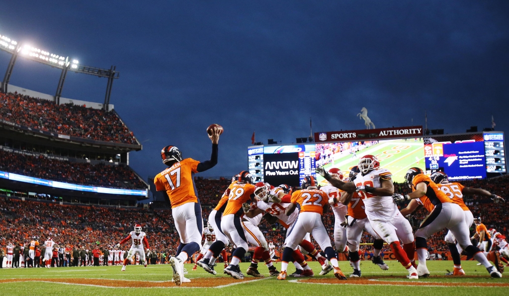 Nov 15 2015 Denver CO USA Denver Broncos quarterback Brock Osweiler throws a pass during the second half against the Kansas City Chiefs at Sports Authority Field at Mile High. The Chiefs won 29-13. Mandatory Credit Chris Humphreys-USA TODAY Spo