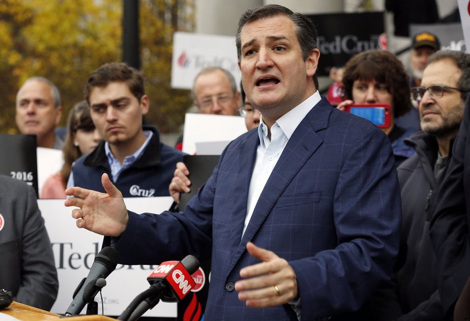 Republican presidential candidate Sen. Ted Cruz R Texas speaks to supporters after filing papers to be on the Nation's earliest presidential primary ballot at The Secretary of State's officeThursday Nov. 12 2015 in Concord N.H. Ph