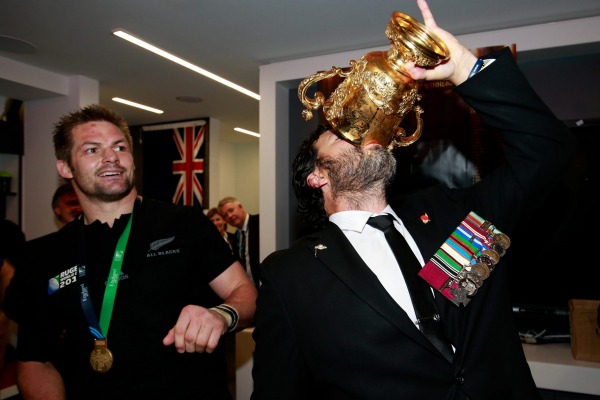 Victoria Cross recipient Willie Apiata takes a drink from the Webb Ellis Cup