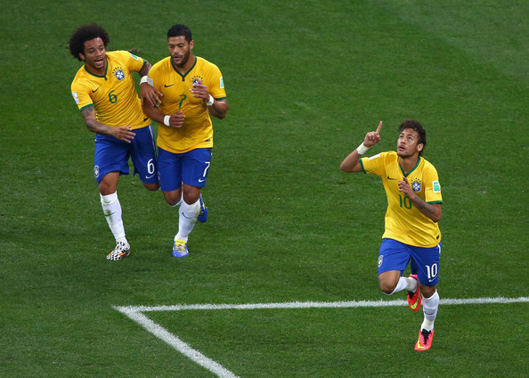 Neymar celebrates a goal for Brazil at the World Cup