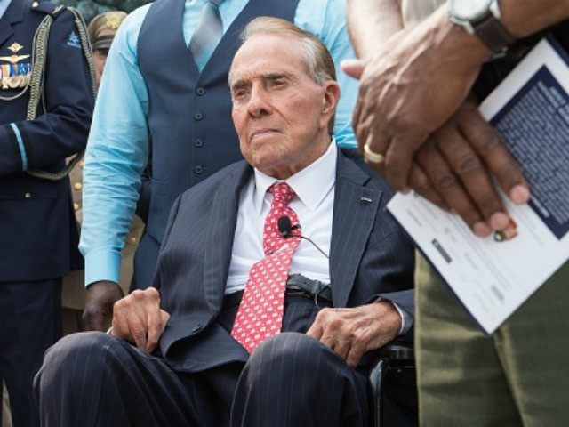 Former US Senator and presidential candidate Bob Dole attends a ceremony marking the 70th anniversary of the Allied Forces victory over Japan in the Pacific at the World War II Memorial in Washington DC