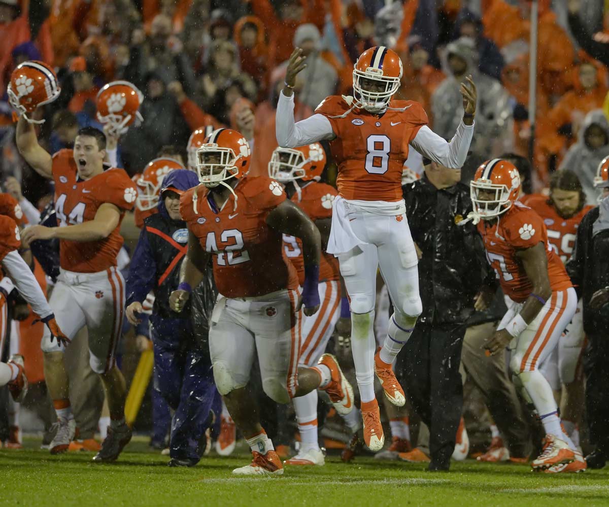 Clemson's Deon Cain along with his teammates react after an NCAA college football game against Notre Dame Saturday Oct. 3 2015 in Clemson S.C