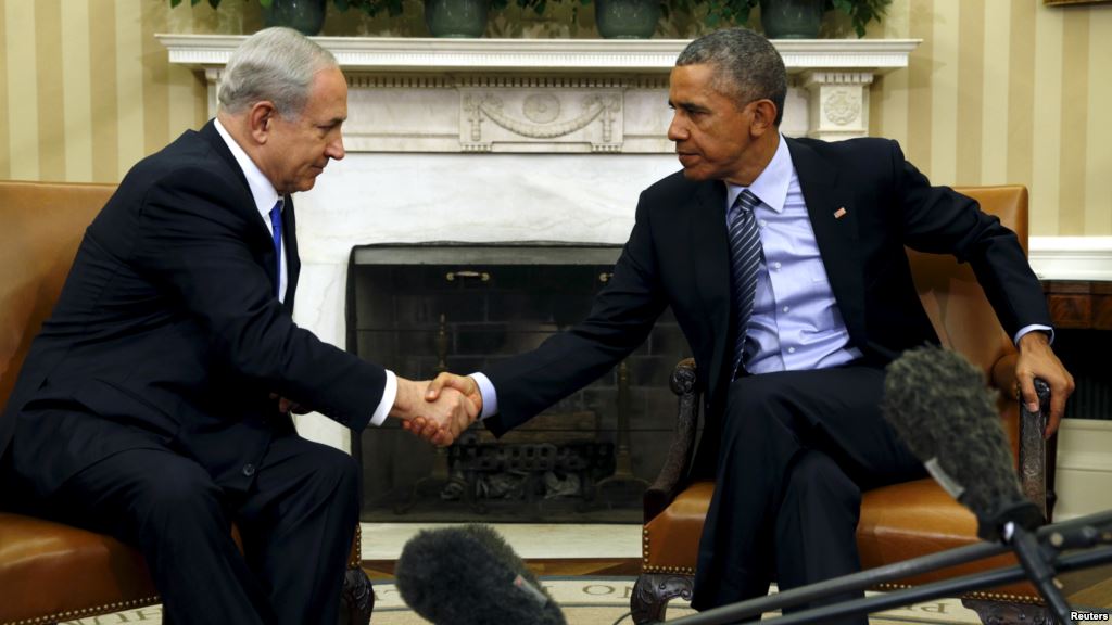 U.S. President Barack Obama and Israeli Prime Minister Benjamin Netanyahu shake hands during their meeting in the Oval Office of the White House in Washington Nov. 9 2015