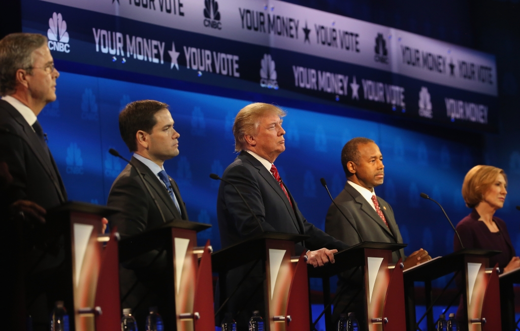 Presidential candidates Jeb Bush, Marco Rubio, Donald Trump Ben Carson and Carly Fiorina look on during the CNBC Republican Presidential Debate at University of Colorados Coors Events Center Oct. 28 2015 in Boulder Colorado. Fourteen Rep