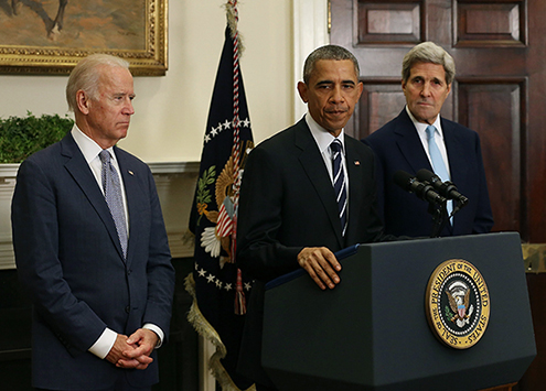 President Obama with Vice President Joe Biden and Secretary of State John Kerry announces his decision to reject the Keystone XL pipeline proposal last Friday at the White House