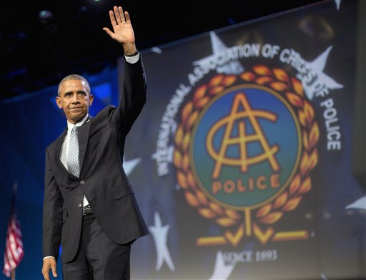 President Barack Obama waves after speaking at the 122nd International Association of Chiefs of Police Annual Conference Tuesday Oct. 27 2015 in Chicago. Obama thanked the law enforcement leaders for the sacrifices they make and the work they do each