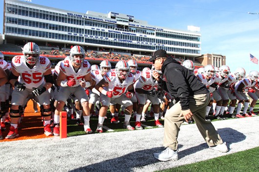 Members of the Ohio State football team participate in the pregame'quick cals drill before OSU's 28-3 win in Champaign Illinois on Nov. 14. Credit Samantha Hollingshead