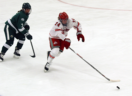 Ohio State offensive junior Claudia Kepler controls the puck during a game against Bemidji State University on Nov. 6 at St. John Arena. OSU lost 2-1. Credit Eileen Mc Clory | Senior Lantern Reporter