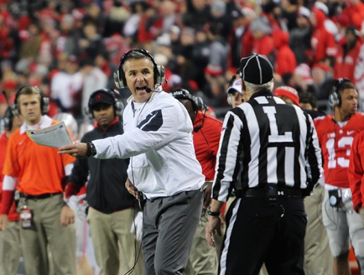 OSU coach Urban Meyer reacts to a call on the sideline during a game against Minnesota on Nov. 7 at Ohio Stadium. OSU won 28-14. Credit Samantha Hollingshead