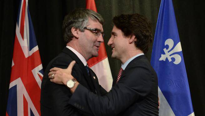 Prime Minister Justin Trudeau welcomes Nova Scotia Premier Stephen Mc Neil to the first ministers meeting at the Canadian Museum of Nature in Ottawa on Monday