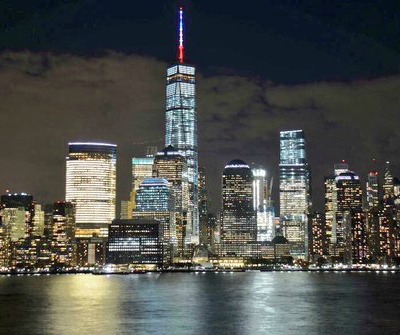 One World Trade Centre lit up in French flag colours in support of Paris