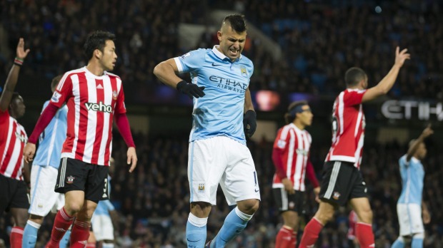 Ouch Manchester City's Sergio Aguero at Etihad Stadium