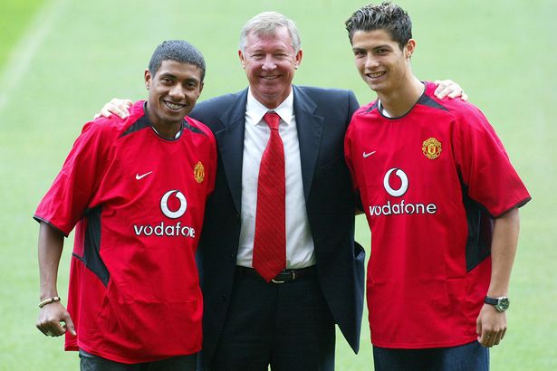 Manchester United manager Sir Alex Ferguson with new signings Kleberson and Cristiano Ronaldo are unveiled at a press conference at Old Trafford Wednesday 13th August 2003