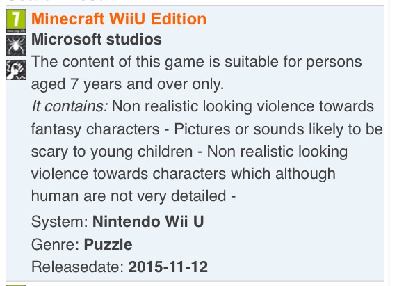 Minecraft Wii U Rated By PEGI