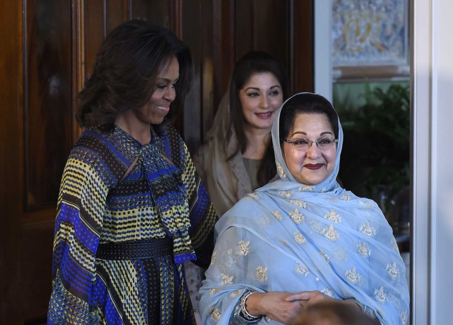 First lady Michelle Obama Kalsoom Nawaz Sharif wife of Pakistani Prime Minister Nawaz Sharif right and her daughter Mariam Safdar announced on Thursday a partnership to further adolescent girls education in Pakistan