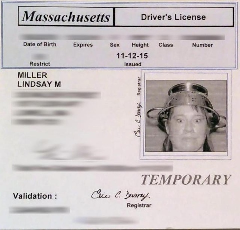 Lindsay Miller wins fight to wear pasta strainer on her head in ID photo