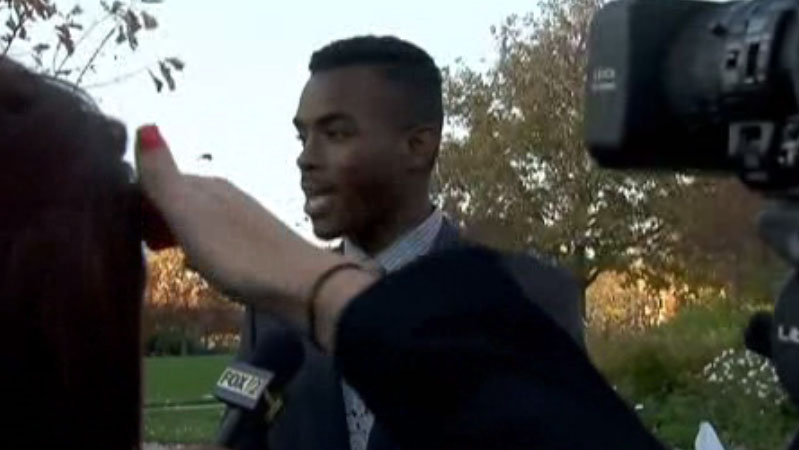 Payton Head talks to reporters about the resignation of the University of Missouri's president over racial tensions