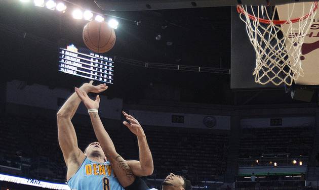 Pelicans forward Anthony Davis and Denver Nuggets forward Danilo Gallinari battle for the ball in the first half of an NBA basketball game in New Orleans Tuesday Nov. 17 2015