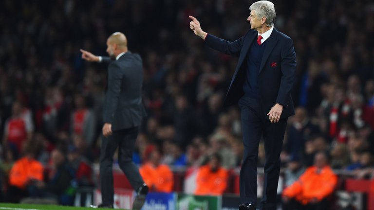 Pep Guardiola and Arsene Wenger on the touchline during Arsenal's 2-0 win over Bayern Munich last month