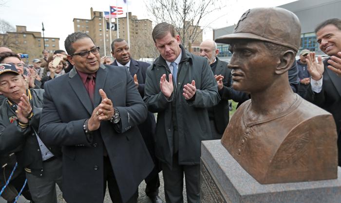 The statue at the corner of West Dedham and Washington streets was unveiled Thursday