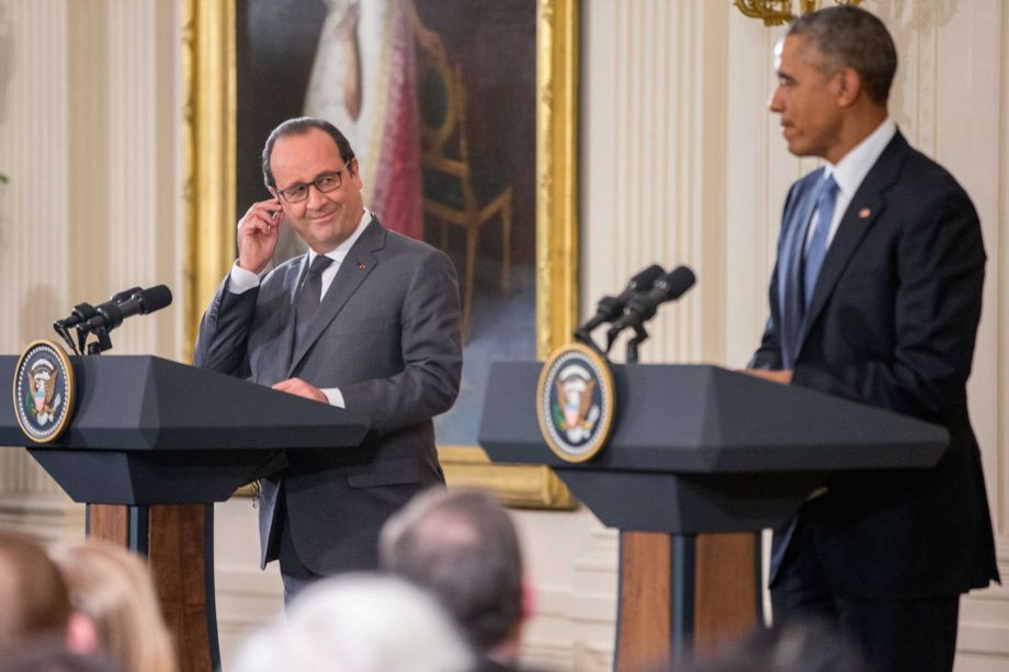 President Barack Obama and French President Francois Hollande participate in a news conference in the East Room of the White House in Washington Tuesday Nov. 24 2015. Hollande's visit to Washington is part of a diplomatic offensive to get the internati