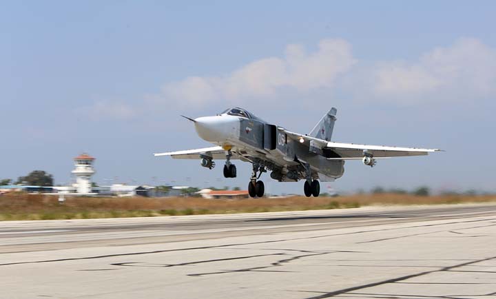 3 2015 shows a Russian Sukhoi Su-24 bomber taking off from the Hmeimim airbase in the Syrian province of Latakia. Russia said on November 24 that the military plane Turkey shot down at the Syrian border was a Russian Sukho