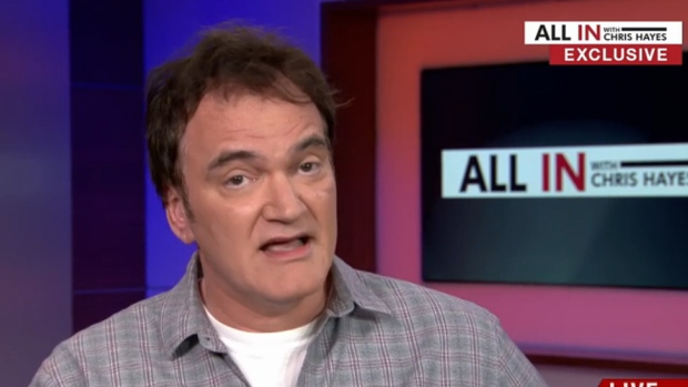 This screengrab shows filmmaker Quentin Tarantino's appearance on the MSNBC show All In with Chris Hayes on Wednesday when he discussed his criticism of police brutality and the boycott against him and his films by several American police unions and