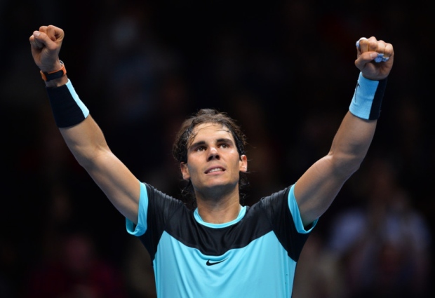 Rafael Nadal celebrates after beating David Ferrer on day six of the ATP World Tour Finals