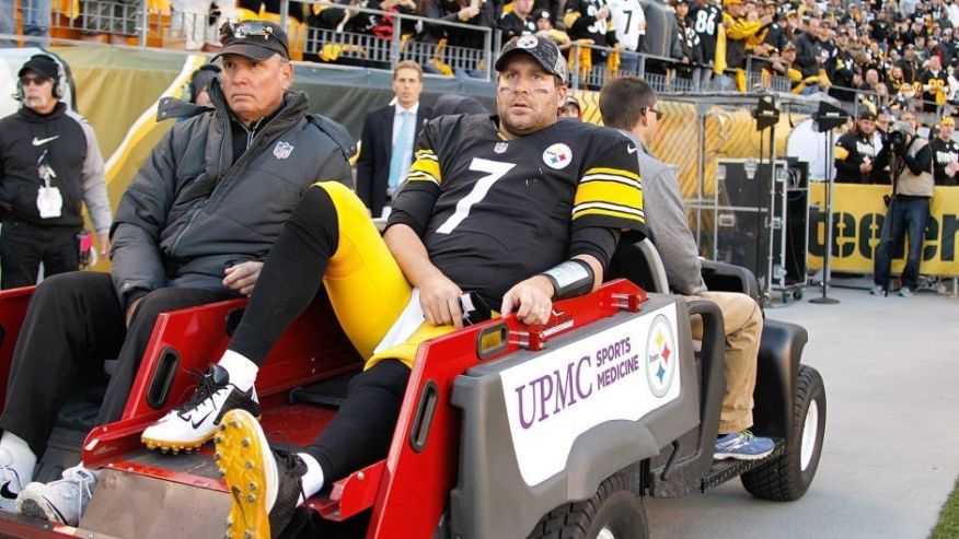 PITTSBURGH PA- NOVEMBER 08 Ben Roethlisberger #7 of the Pittsburgh Steelers is carted off of the field after being injured in the 4th quarter of the game against the Oakland Raiders at Heinz Field