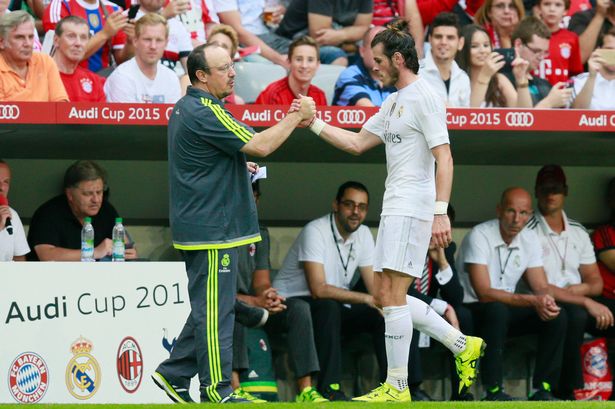 Real Madrid coach Rafael Benitez with Gareth Bale as he is substituted