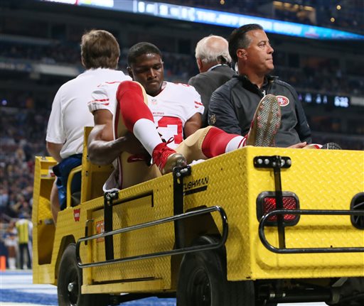 San Francisco 49ers running back Reggie Bush is carted off the field after being injured during an NFL football game against the St. Louis Rams Sunday Nov. 1 2015 in St. Louis.  EDWARDSVILLE INTELLIGENCER OUT