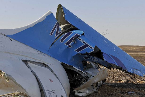 The remains of a Russian airliner which crashed is seen in central Sinai near El Arish city