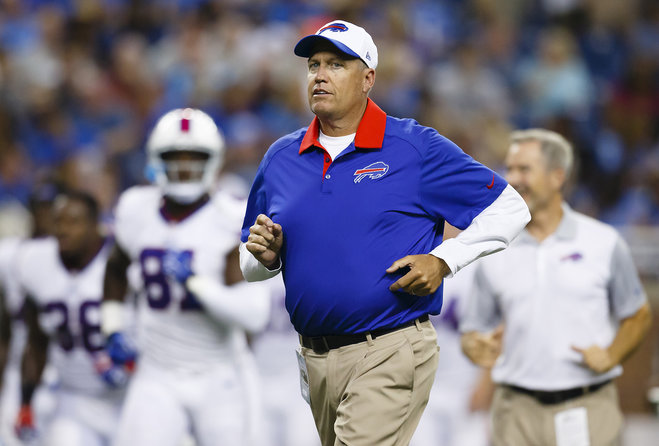 Buffalo Bills coach Rex Ryan runs off the field during halftime of a preseason NFL football game against the Detroit Lions in Detroit. The Bills face Ryan's former team the New York Jets twice in the second half