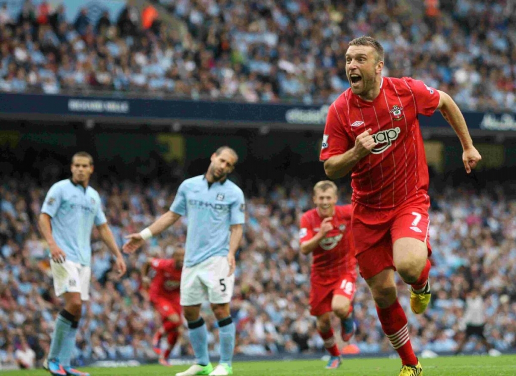 Rickie Lambert celebrates a goal at the Etihad but the match ended in defeat for Saints