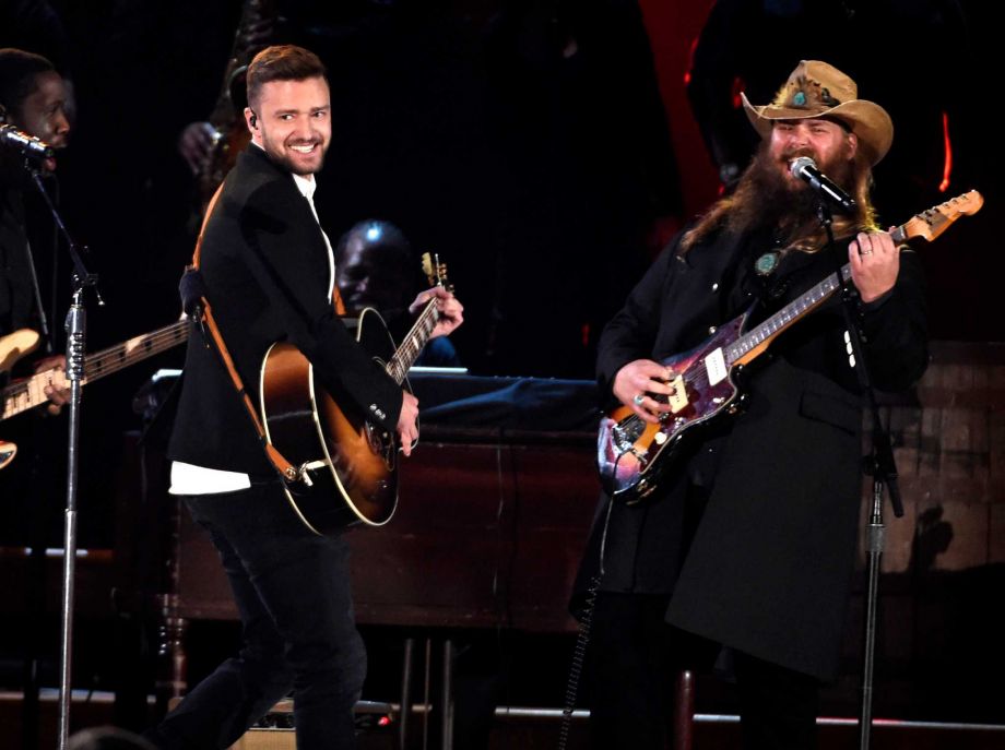 Justin Timberlake left and Chris Stapleton perform at the 49th annual CMA Awards at the Bridgestone Arena on Wednesday Nov. 4 2015 in Nashville Tenn