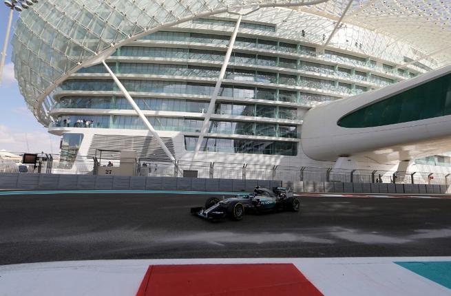 Mercedes AMG Petronas F1 Team's British driver Lewis Hamilton drives during the first practice session at the Yas Marina circuit in Abu Dhabi