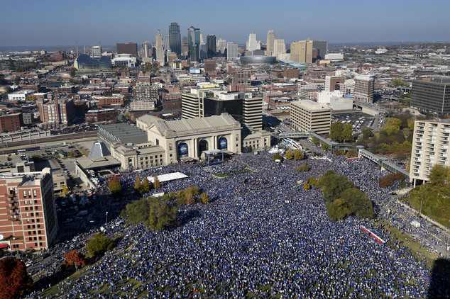 Thousands of people rally to celebrate the Kansas City Royals winning baseball's World Series Tuesday Nov. 3 2015 in Kansas City Mo. The Royals beat the