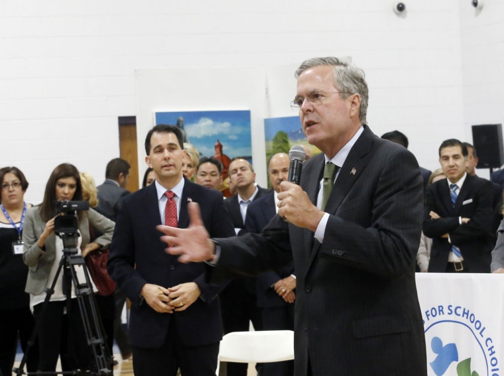 Republican presidential candidate former Florida Gov. Jeb Bush and Wisconsin Gov. Scott Walker Monday at a campaign event in Waukesha Wis