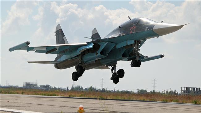 A Russian Su-34 jet landing at Latakia airport Syria