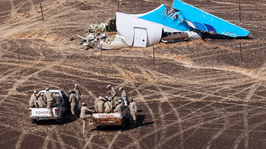 Nov. 2 2015 Egyptian military vehicles approach a plane's tail at the wreckage of a passenger jet bound for St. Petersburg in Russia that crashed in Hassana Egypt on Nov. 1 2015